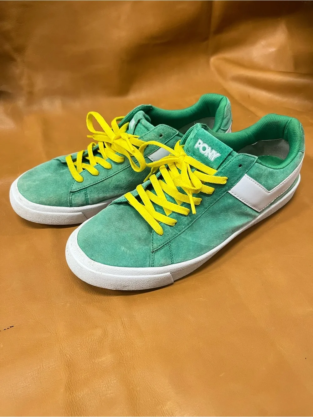 Men’s Pony Green Suede Low-Top Sneakers 12.5 with Yellow Laces